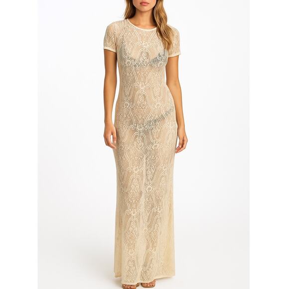 Lush Sheer Cream Lace Long Maxi Dress Womens Medium Romantic Boho Chic - Picture 1 of 6